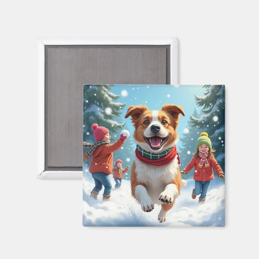 Border Terrier Schneeballkampf Weihnachtsbild Magnet (Vorderseite/Rückseite)
