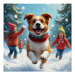 Border Terrier Schneeballkampf Weihnachtsbild Poster
