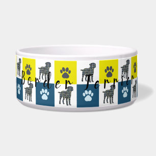 Border Terrier Silhouette & Paw Yellow & Blue Grid Napf