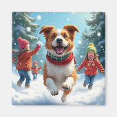 Border Terrier Snowball Fight Christmas Painting Magnet (Vorne)