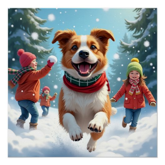 Border Terrier Snowball Fight Christmas Painting Poster (Vorderseite)