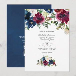 Bordo and Navy Watercolor Floral QR Code Hochzeit Einladung
