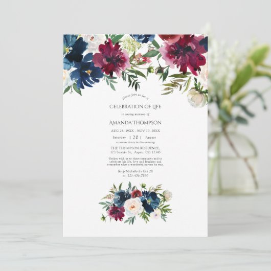 Bordo & Navy Aquarell Blumenfeier Einladung (Stehend Vorderseite)