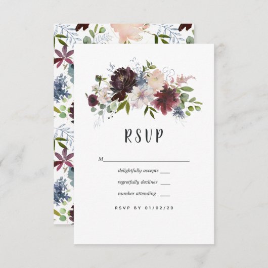 Bordo, Navy und Blush Floral Wedding RSVP Karte (Vorne/Hinten)