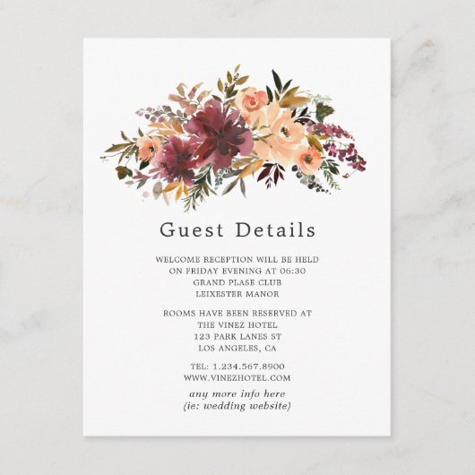 Bordo Peach Floral Wedding Guest Details Begleitkarte (Vorderseite)