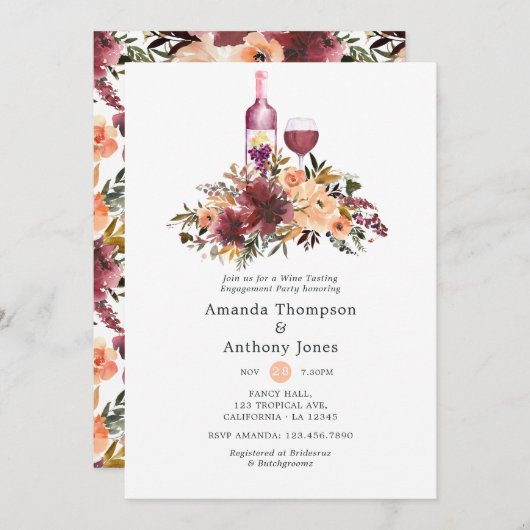 Bordo Peach Wine Degustations-Party Einladung (Vorne/Hinten)