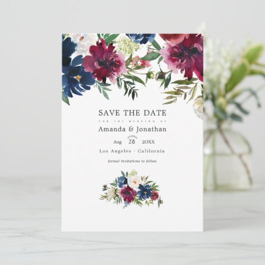 Bordo- und Navy-Aquarell-Foto Save The Date (Stehend Vorderseite)