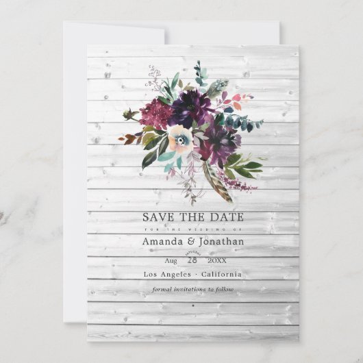 Bordo Violet Plum Floral Rustikale Bohemische Hoch Save The Date (Vorderseite)