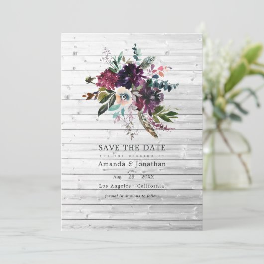 Bordo Violet Plum Floral Rustikale Bohemische Hoch Save The Date (Stehend Vorderseite)