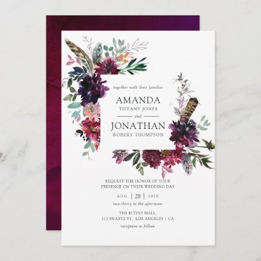 Bordo Violet Plum Watercolor Floral Wedding Einladung (Vorne/Hinten)