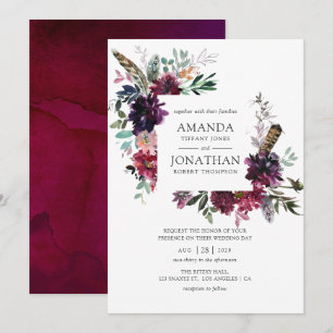 Bordo Violette Pflaumen-Aquarell-Blumenhochzeit Einladung