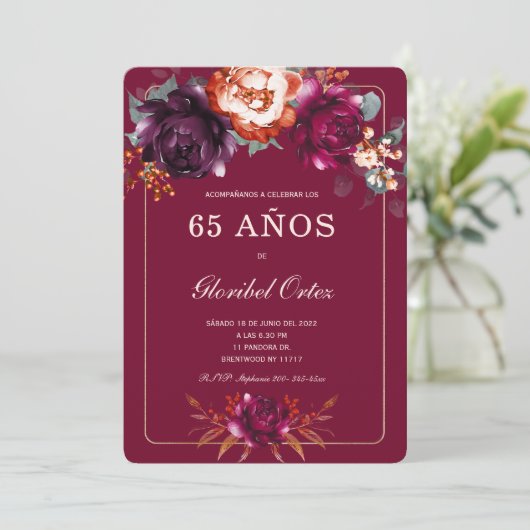 Borgoña 65. Ideen von Fiesta de cumpleaños para Einladung (Stehend Vorderseite)