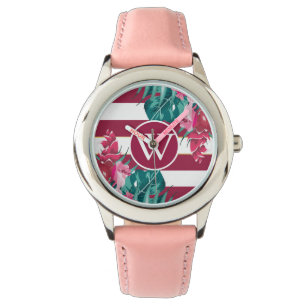Borgundy Blume Design Monogramm gestreift Armbanduhr
