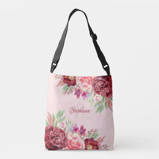 Borgundy Blush Floral Monogram Tragetaschen Mit Langen Trägern (Rückseite)