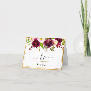 Borgundy Blush Pink Rose Floral Monogram Note Card Dankeskarte