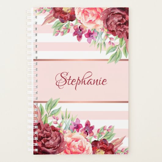 Borgundy Blush Pink Streifen Monogramm Planer (Vorderseite)