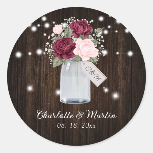 Borgundy Blush Rustic Wood Monogram Floral Wedding Runder Aufkleber (Vorderseite)