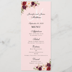 Borgundy Floral Blush Pink Script Monogram Wedding Menükarte