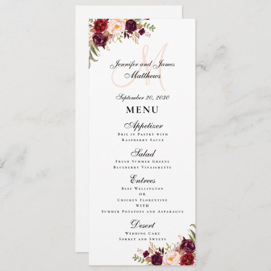 Borgundy Floral Blush Script Monogram Wedding Menükarte (Vorne/Hinten)