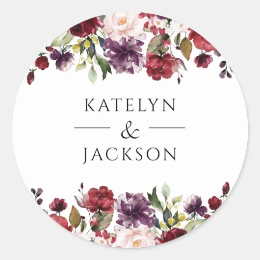 Borgundy Floral Wedding Monogram Sticker Labels (Vorderseite)
