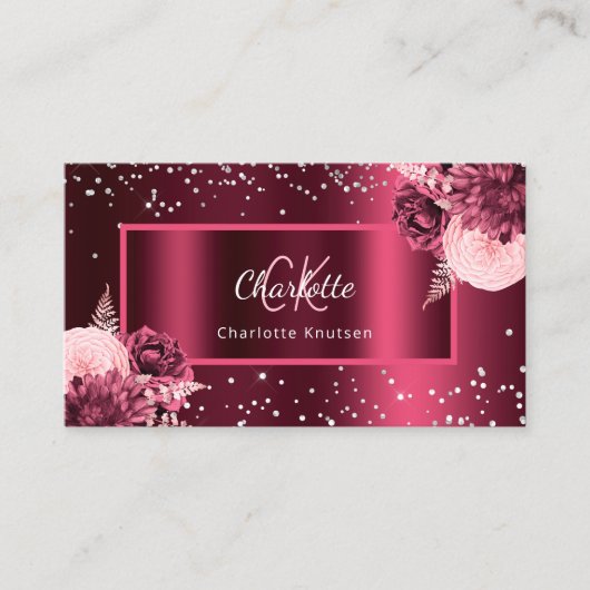 Borgundy florals monogramm eleganter QR-Code Visitenkarte (Vorderseite)