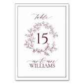 Borgundy Leafy Wappen Monogram Floral Wedding Tischnummer (Rückseite)
