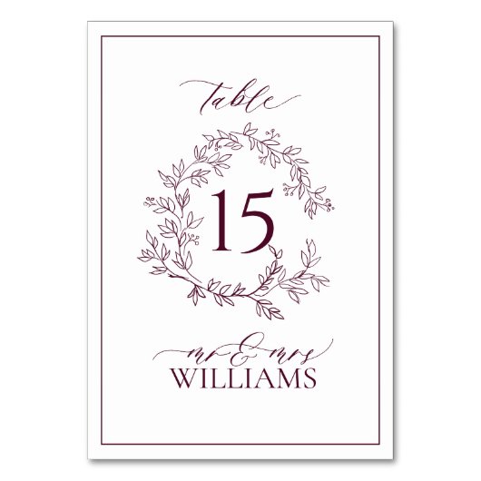Borgundy Leafy Wappen Monogram Floral Wedding Tischnummer (Vorderseite)