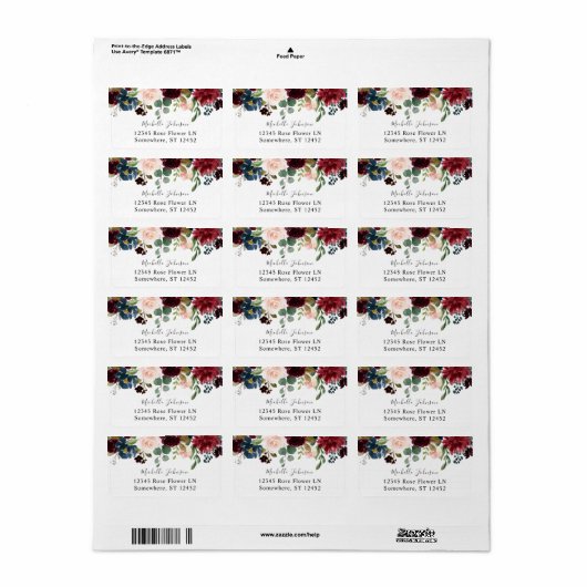 Borgundy & Navy Pink Floral 3 Rücksendeadresse Adressaufkleber (Vorne)