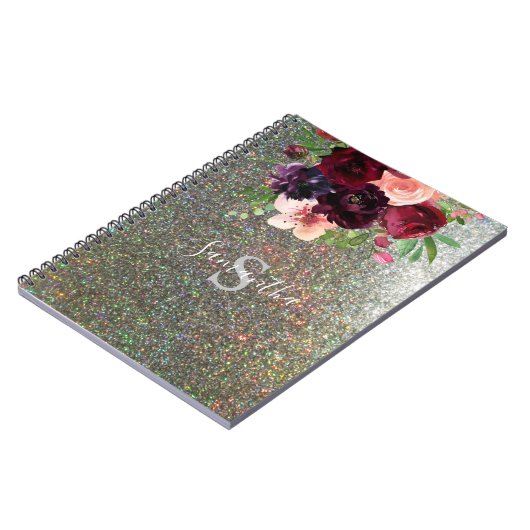 Borgundy & Pink Floral Monogram - Silver Glitzer Notizblock (Linke Seite)