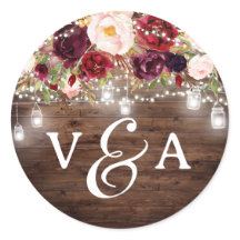 Borgundy String Lights Monogram Wedding Sticker