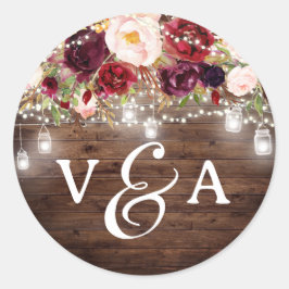 Borgundy String Lights Monogram Wedding Sticker