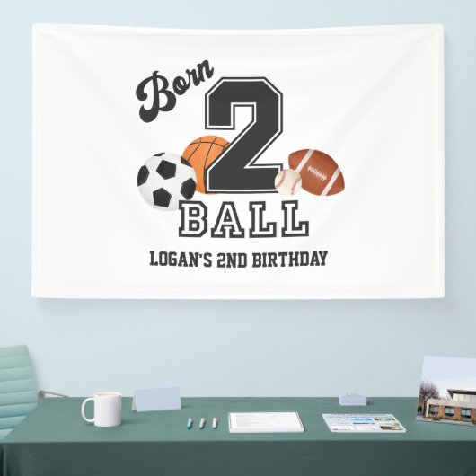 Born 2 Ball Sport Theme Boy Second Birthday Party Banner (Messe)