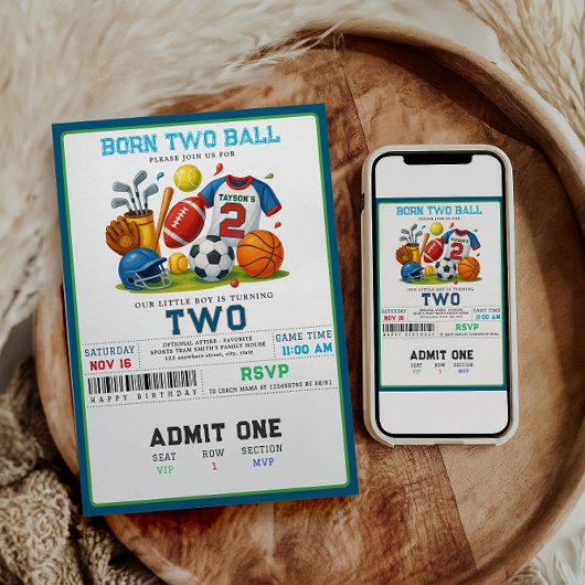 Born 2 Ball Sports Theme Boy’s 2nd Birthday Party Einladung