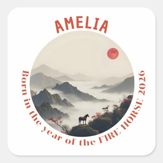 Born in Year of the Horse 2026 Chinese Mountain Quadratischer Aufkleber (Vorderseite)