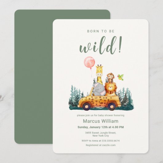 Born To Be Wild Safari Animals Baby Shower  Einladung (Vorne/Hinten)