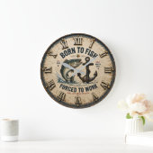 Born to Fish Forced to Work Rustic Fisherman Gift Große Wanduhr (Zuhause)