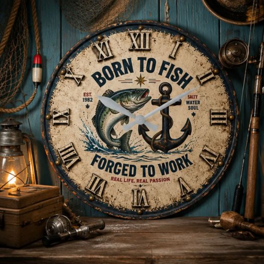 Born to Fish Forced to Work Rustic Fisherman Gift Große Wanduhr