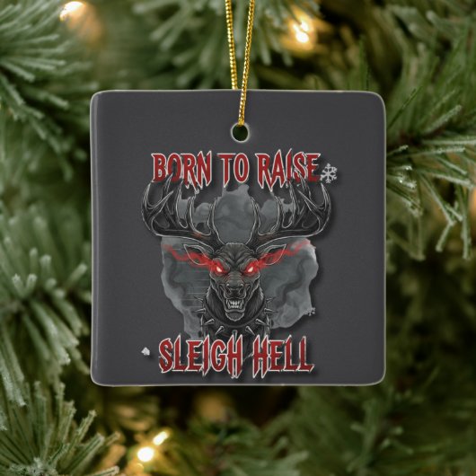 Born to Raise Sleigh Hell – Heavy Metal Reindeer Keramikornament (Baum)