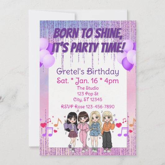 Born to Shine, Party Time, KPOP Girl Band Birthday Einladung (Vorderseite)