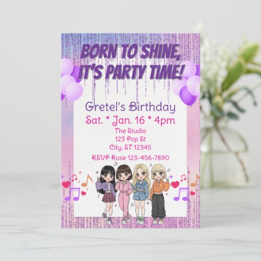 Born to Shine, Party Time, KPOP Girl Band Birthday Einladung (Stehend Vorderseite)