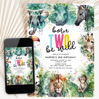 Born TWO Be Wild! Safari Animals Cool 2nd Birthday Einladung
