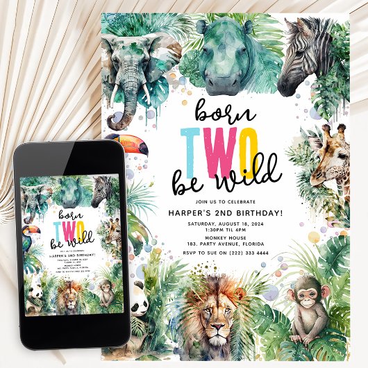 Born TWO Be Wild! Safari Animals Cool 2nd Birthday Einladung