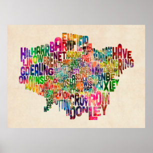 Boroughs of London Typografy Text Map Poster