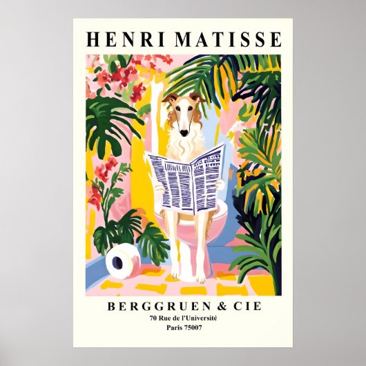 Borzoi Art Print Funny Bathroom, Dog on toilet Poster (Vorne)