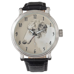 Borzoi (Silber Brindle) Malerei Original Dog Art Armbanduhr