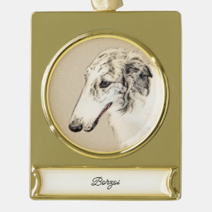 Borzoi (Silber Brindle) Malerei Original Dog Art Banner-Ornament Gold