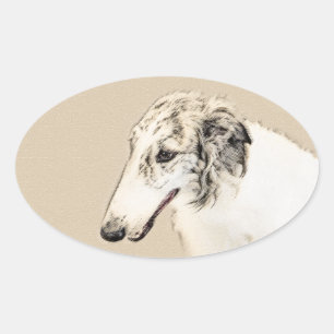 Borzoi (Silber Brindle) Malerei Original Dog Art Ovaler Aufkleber