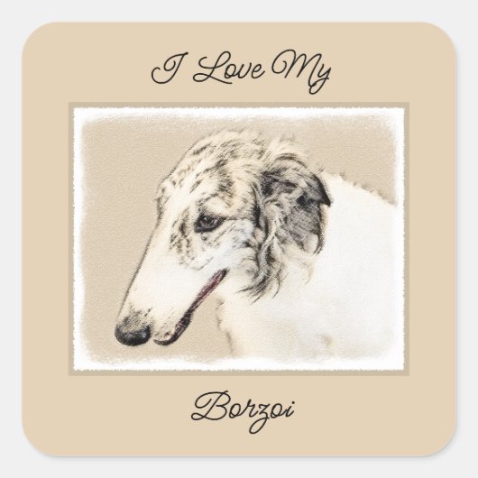 Borzoi (Silber Brindle) Malerei Original Dog Art Quadratischer Aufkleber (Vorderseite)