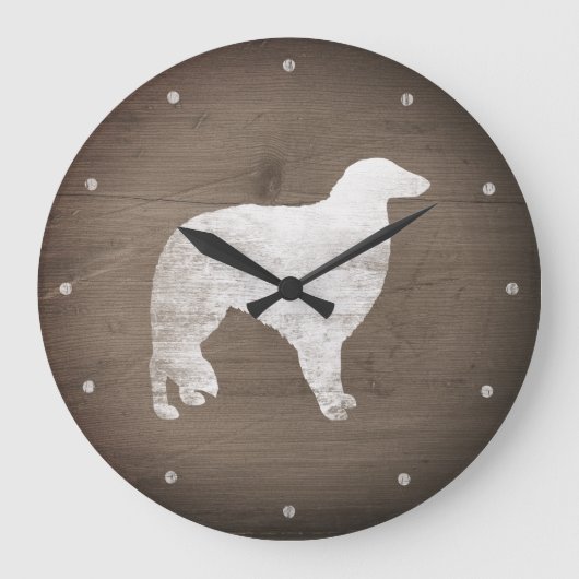 Borzoi Silhouette Rustikaler Stil Große Wanduhr (Vorderseite)