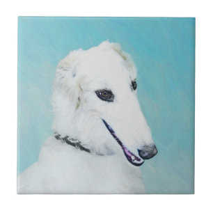 Borzoi (weiß) Malerei - Niedliche Original Hunde  Fliese